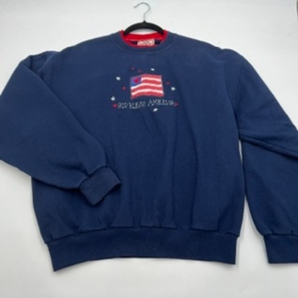 Vintage Top Stitch Morning Sun Navy Blue God Bless America Sweatshirt Womens L